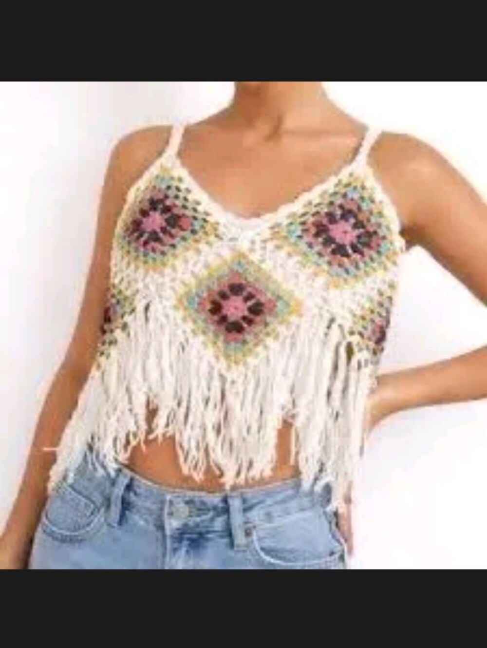 Crochet Fringe Detail Crop Top Large 70's Granny Squares Indie Festival